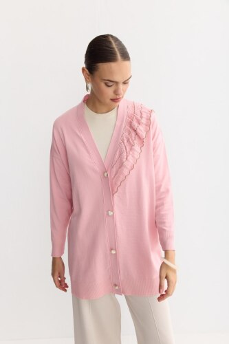 Tesettür Hırka Kalp Düğmeli Dantel Detaylı Hırka-Pembe - 3