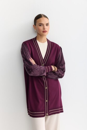 Tesettür Hırka Yaka Kol Sim Şeritli Cupra Kumaş Geçişli Merserize Hırka-Mor - 4