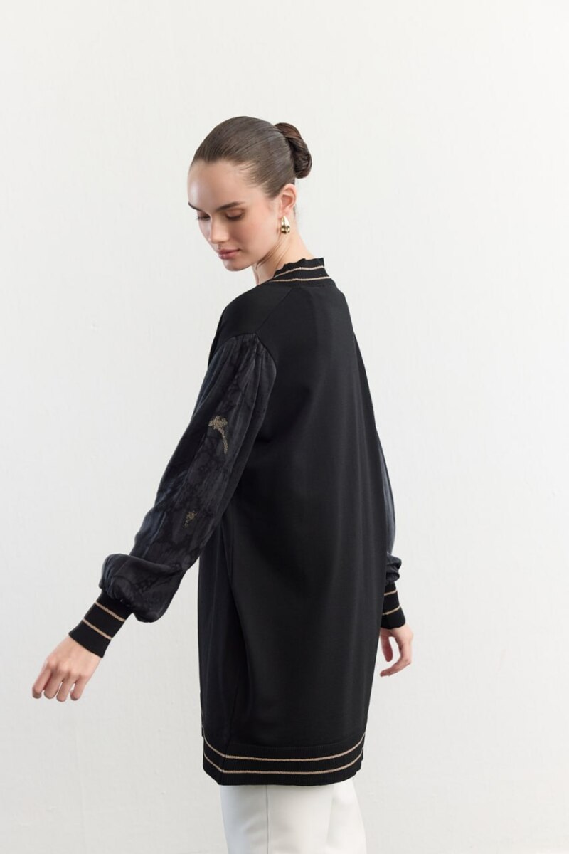 Tesettür Hırka Yaka Kol Sim Şeritli Cupra Kumaş Geçişli Merserize Hırka-Siyah - 4