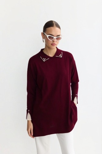 Tesettür Tunik Mendil Yaka Kol Tül Taşlı Merserize Tunik-Bordo - 03Kız Kulesi Teks