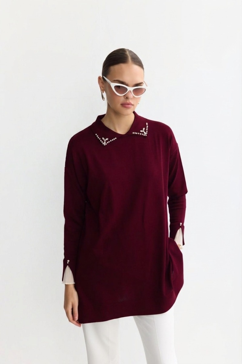 Tesettür Tunik Mendil Yaka Kol Tül Taşlı Merserize Tunik-Bordo - 1