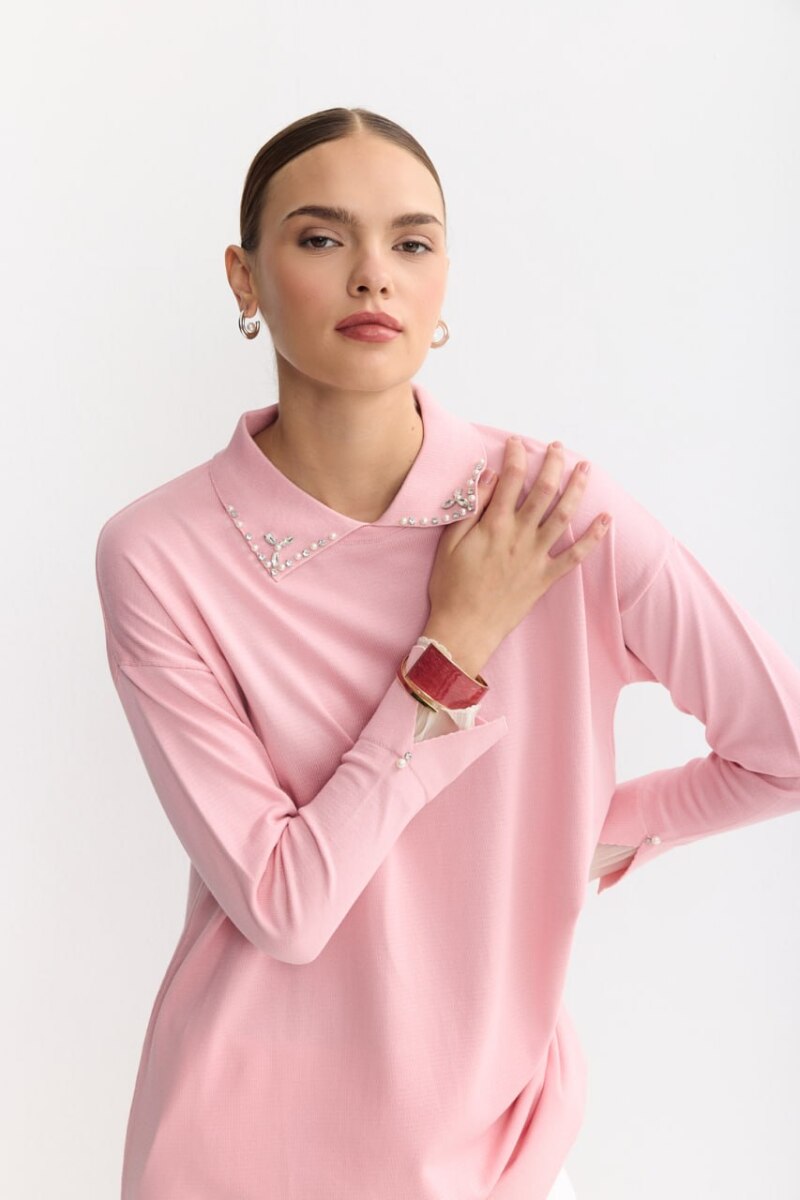 Tesettür Tunik Mendil Yaka Kol Tül Taşlı Merserize Tunik-Pembe - 1