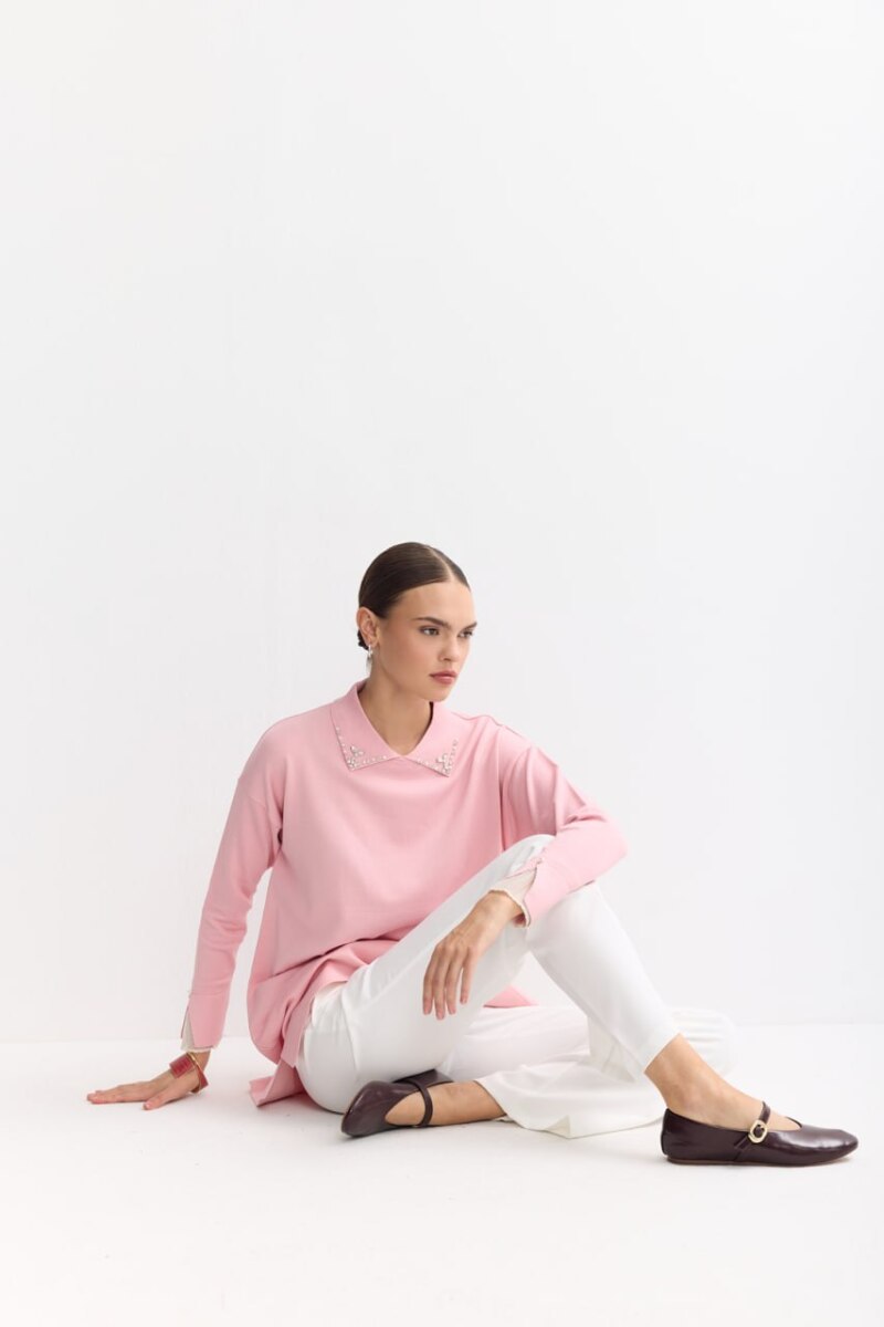 Tesettür Tunik Mendil Yaka Kol Tül Taşlı Merserize Tunik-Pembe - 2