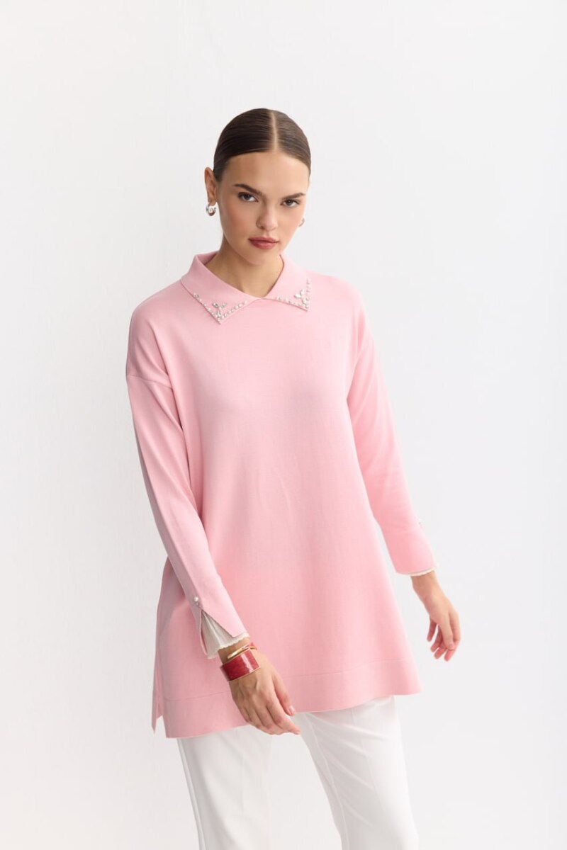 Tesettür Tunik Mendil Yaka Kol Tül Taşlı Merserize Tunik-Pembe - 3