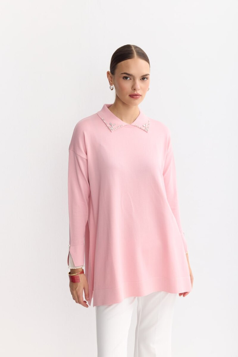 Tesettür Tunik Mendil Yaka Kol Tül Taşlı Merserize Tunik-Pembe - 4
