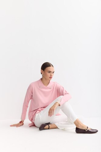 Tesettür Tunik Mendil Yaka Kol Tül Taşlı Merserize Tunik-Pembe - 03Kız Kulesi Teks (1)