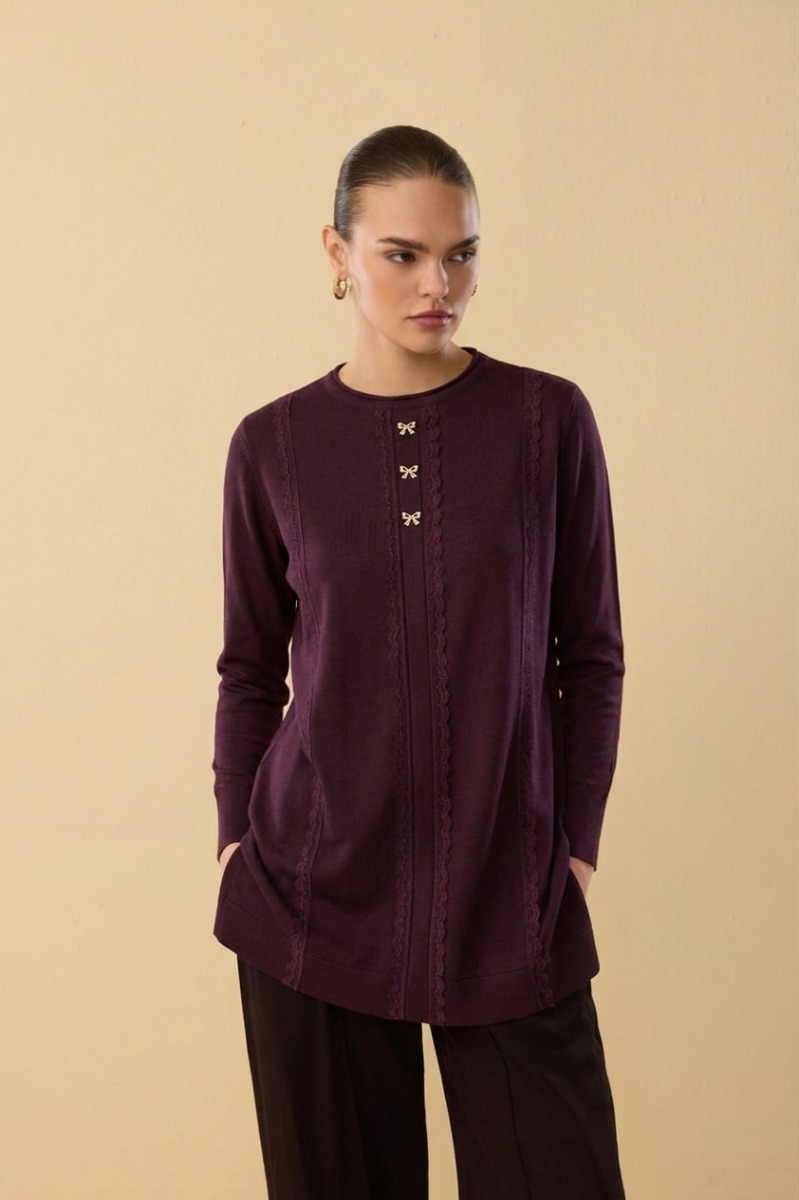 Tesettür Tunik Şerit Dantelli Fiyonk Düğmeli Merserize Tunik-Mor - 1