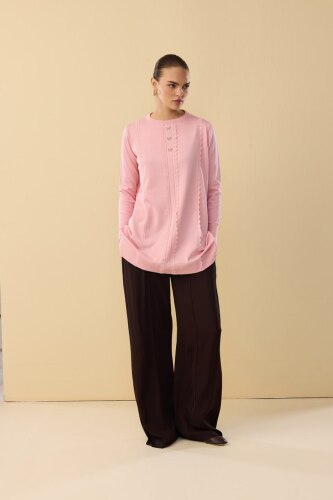 Tesettür Tunik Şerit Dantelli Fiyonk Düğmeli Merserize Tunik-Pembe - 03Kız Kulesi Teks