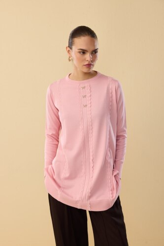 Tesettür Tunik Şerit Dantelli Fiyonk Düğmeli Merserize Tunik-Pembe - 03Kız Kulesi Teks (1)
