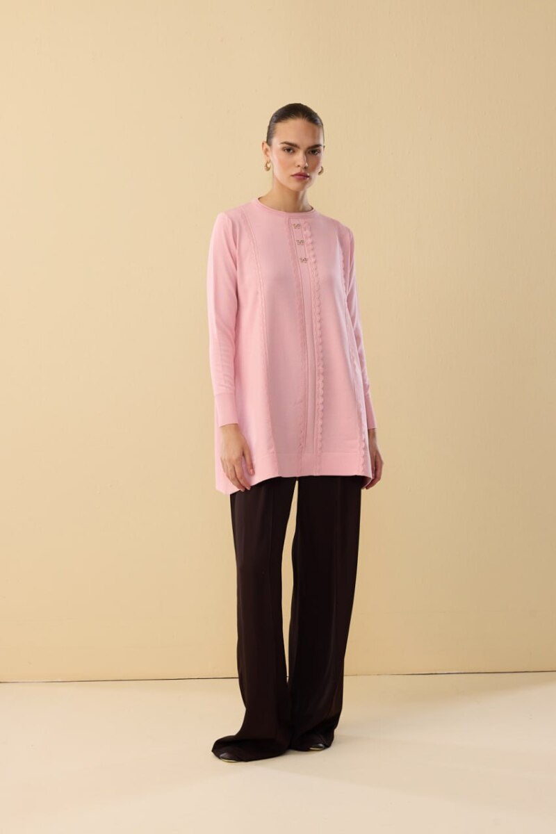 Tesettür Tunik Şerit Dantelli Fiyonk Düğmeli Merserize Tunik-Pembe - 3