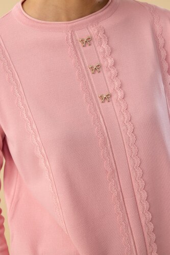 Tesettür Tunik Şerit Dantelli Fiyonk Düğmeli Merserize Tunik-Pembe - 4